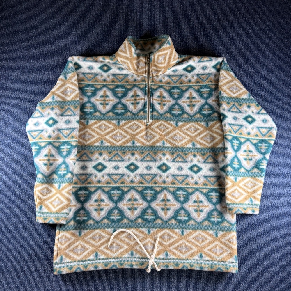 Bold Spirit Vintage Southwestern Fleece Quarter Zip Pullover Tan Teal Medium